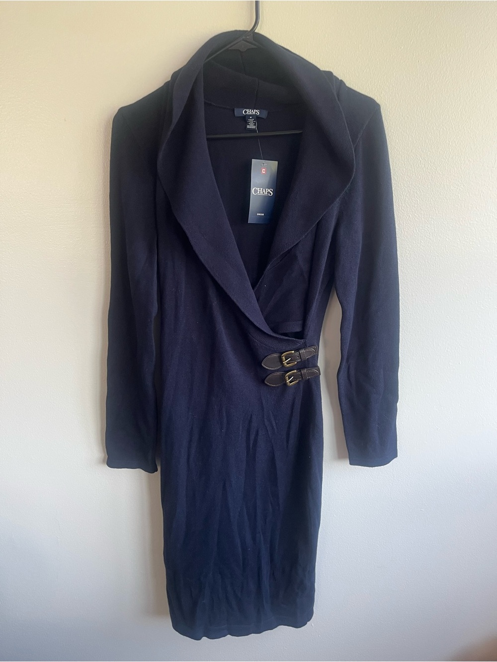 Chaps Women's Navy Knit Wrap Dress with Shawl Collar